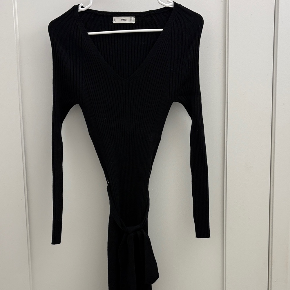 Mango Black Long Sleeve V-Neck Dress